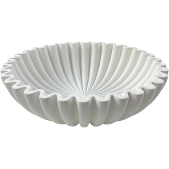OAKOA White Concrete Decorative Bowl Fluted Scalloped Centerpiece Modern - Picture 1 of 7